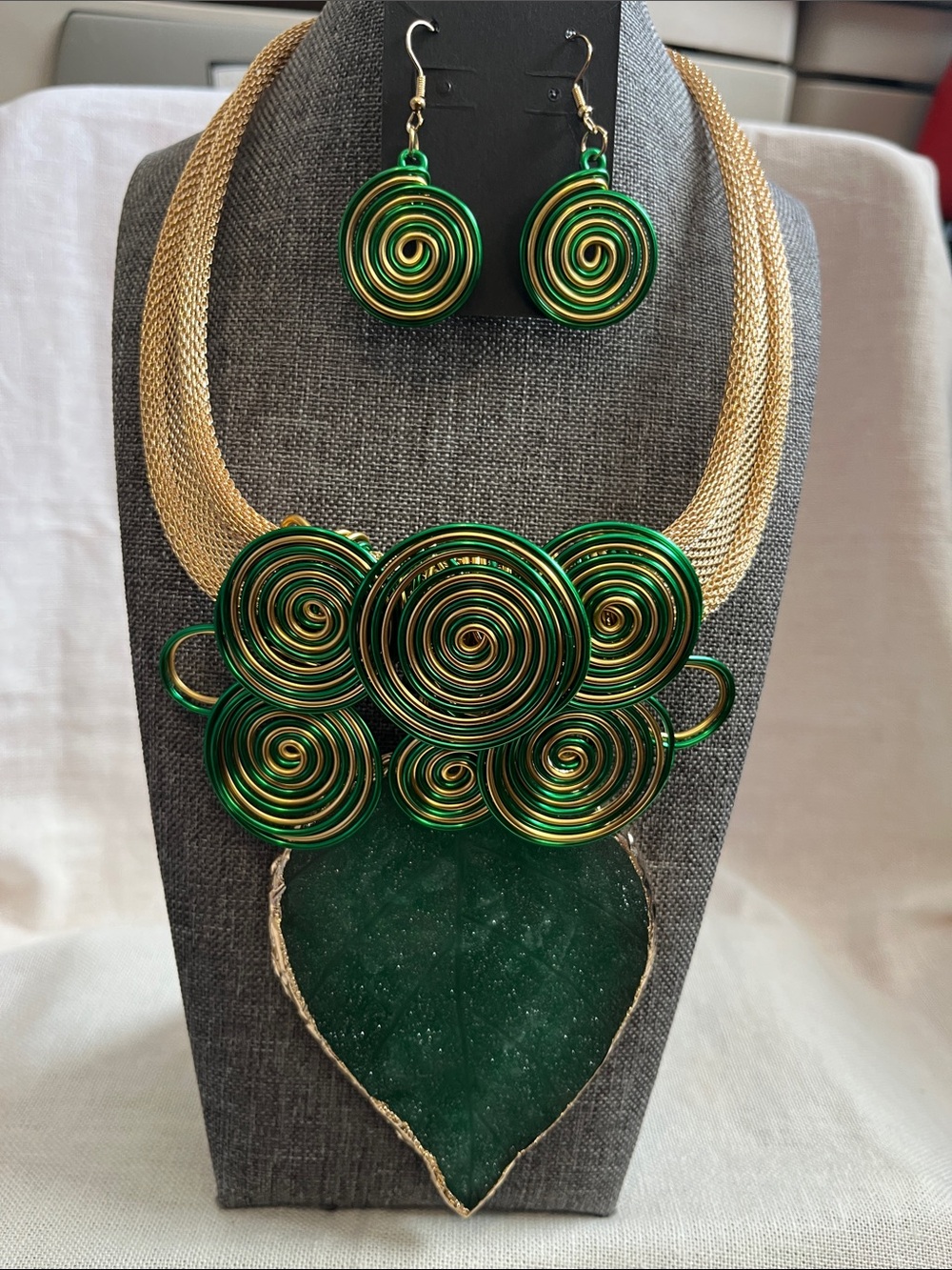 Beautiful Handcrafted Green and Gold Spiral Statement Necklace & Earring Set